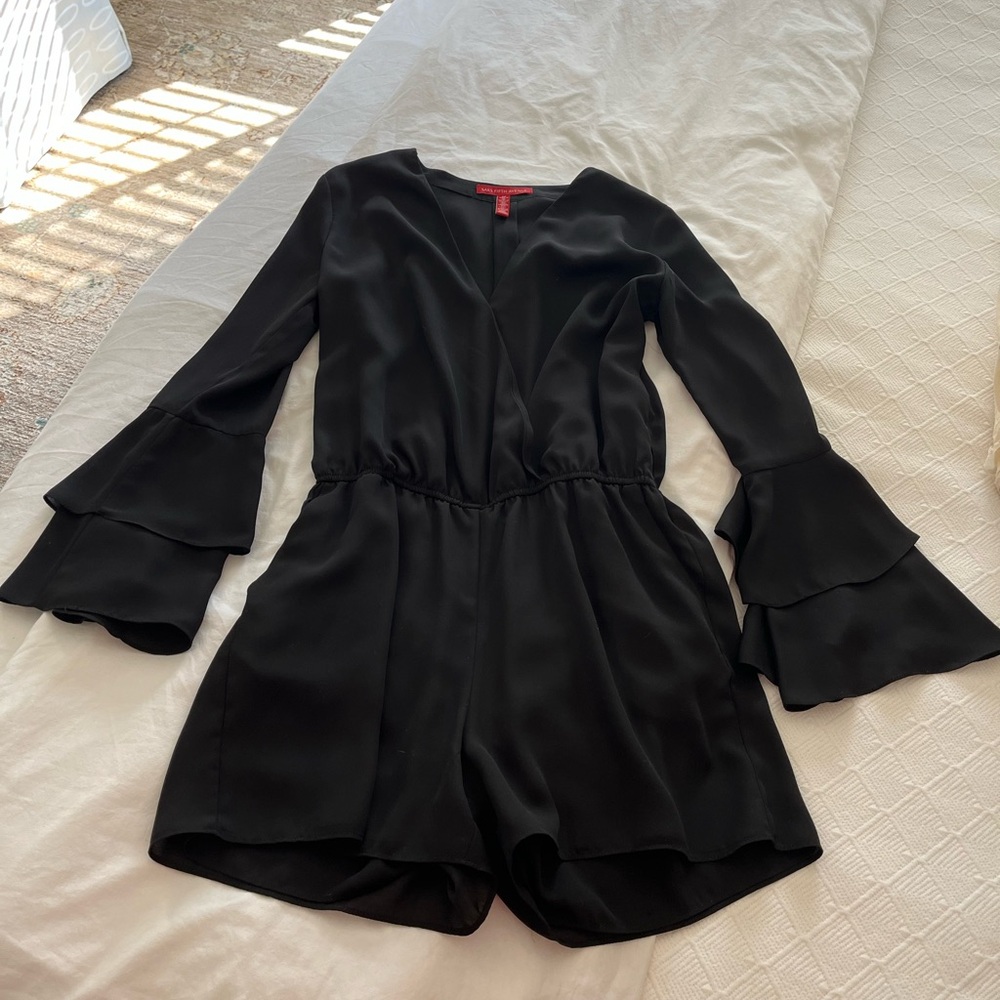 Saks Fifth Avenue Black V-Neck Romper with Tiered Bell Sleeves
